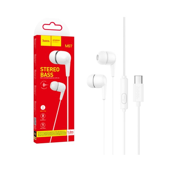 Auscultadores com Cabo Hoco M97 Enjoy com Microfone Tipo-C 1,2m Branco